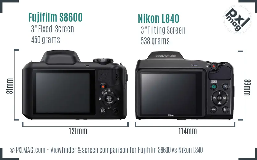 Fujifilm S8600 vs Nikon L840 Screen and Viewfinder comparison