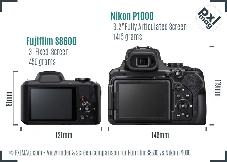 Fujifilm S8600 vs Nikon P1000 Screen and Viewfinder comparison