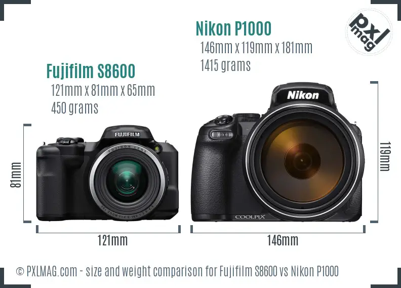 Fujifilm S8600 vs Nikon P1000 size comparison