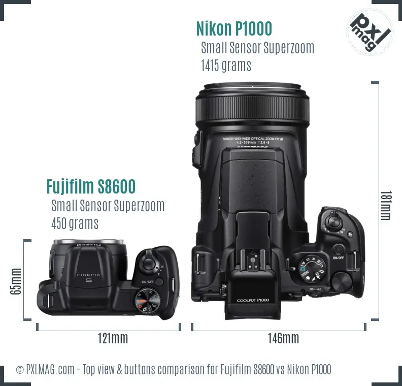 Fujifilm S8600 vs Nikon P1000 top view buttons comparison