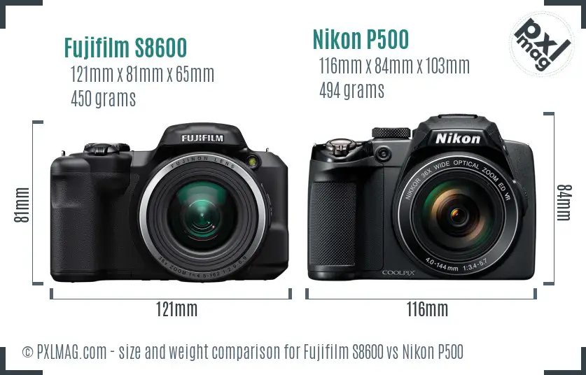 Fujifilm S8600 vs Nikon P500 size comparison Fujifilm S8600 vs Nikon P500 size comparison