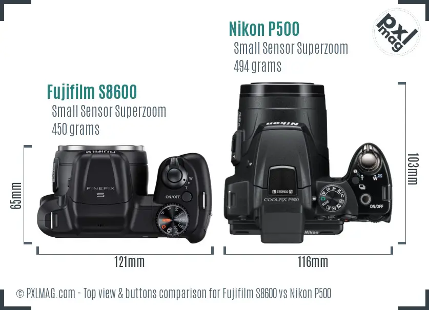 Fujifilm S8600 vs Nikon P500 top view buttons comparison Fujifilm S8600 vs Nikon P500 top view buttons comparison