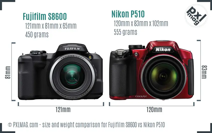Fujifilm S8600 vs Nikon P510 size comparison