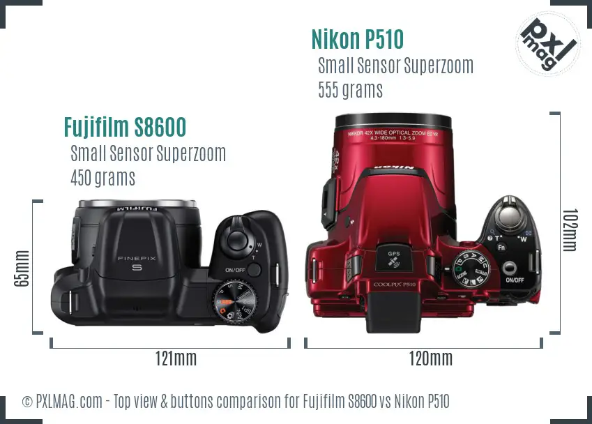 Fujifilm S8600 vs Nikon P510 top view buttons comparison