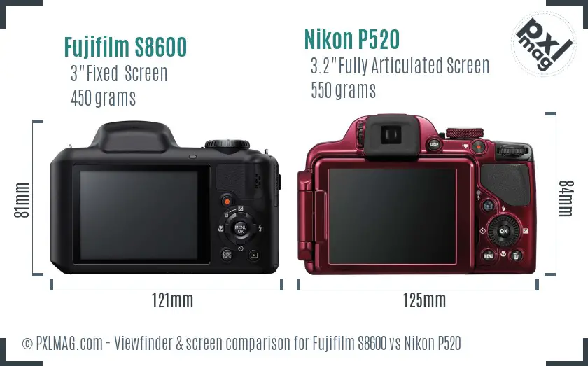 Fujifilm S8600 vs Nikon P520 Screen and Viewfinder comparison