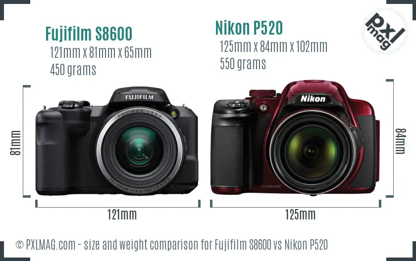 Fujifilm S8600 vs Nikon P520 size comparison