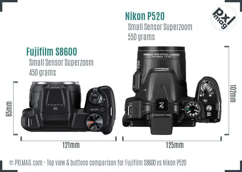 Fujifilm S8600 vs Nikon P520 top view buttons comparison