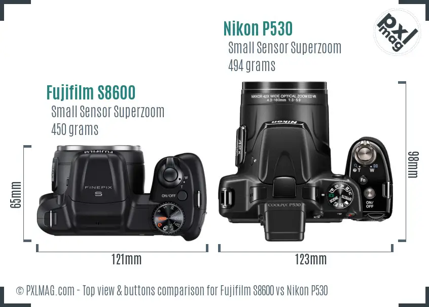 Fujifilm S8600 vs Nikon P530 top view buttons comparison