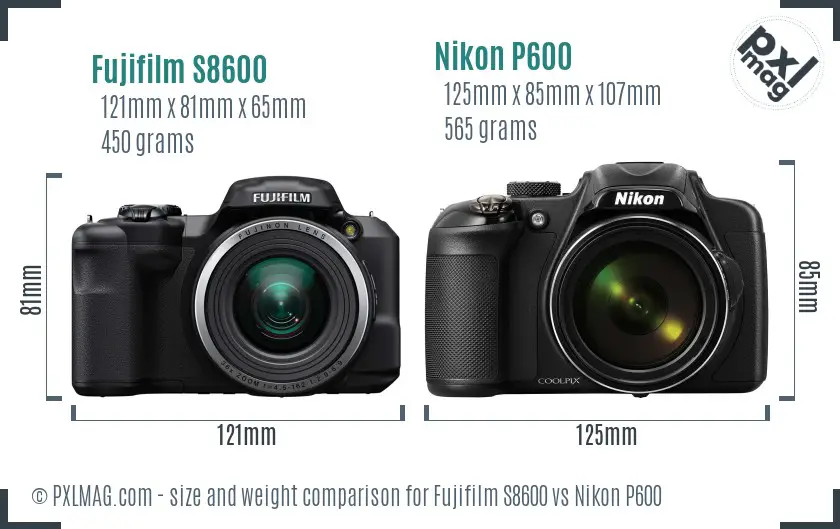 Fujifilm S8600 vs Nikon P600 size comparison