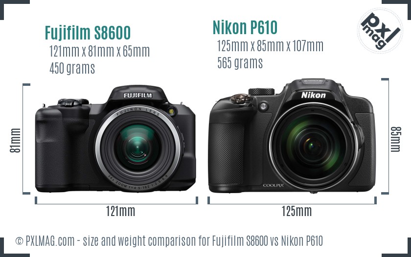Fujifilm S8600 vs Nikon P610 size comparison