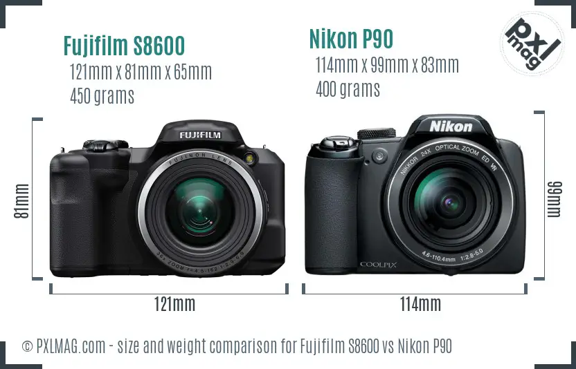 Fujifilm S8600 vs Nikon P90 size comparison