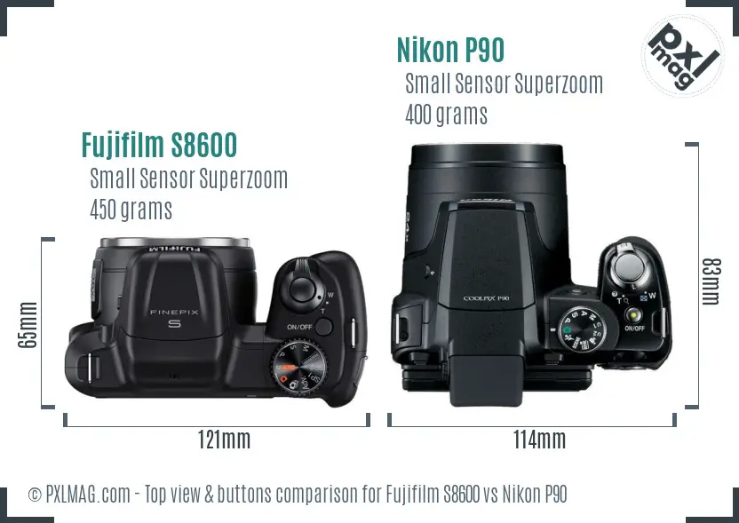 Fujifilm S8600 vs Nikon P90 top view buttons comparison