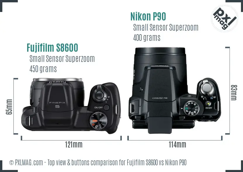 Fujifilm S8600 vs Nikon P90 top view buttons comparison Fujifilm S8600 vs Nikon P90 top view buttons comparison