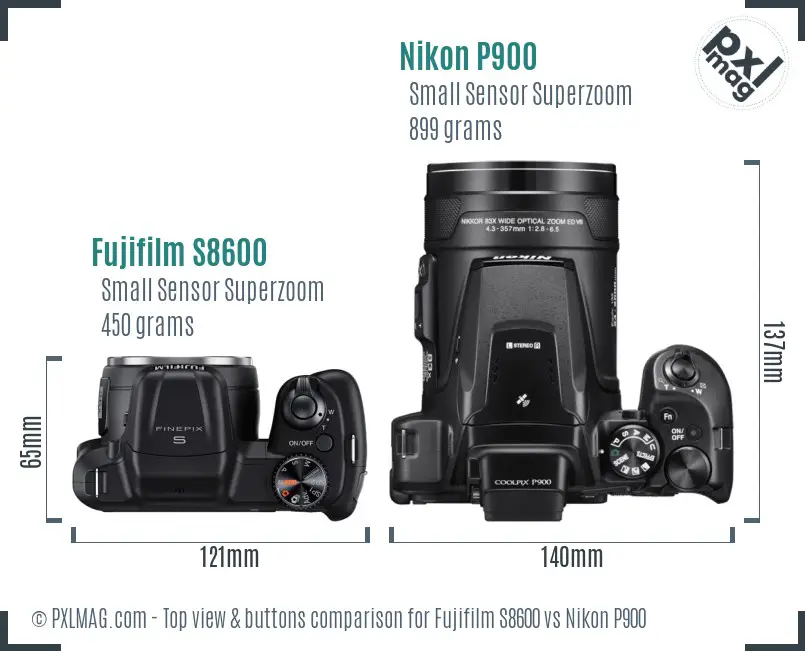 Fujifilm S8600 vs Nikon P900 top view buttons comparison Fujifilm S8600 vs Nikon P900 top view buttons comparison