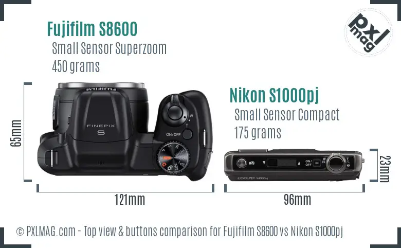 Fujifilm S8600 vs Nikon S1000pj top view buttons comparison