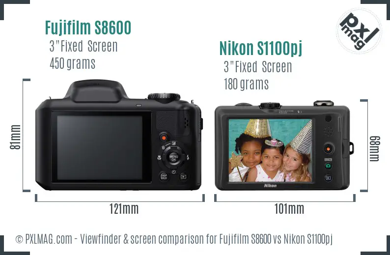 Fujifilm S8600 vs Nikon S1100pj Screen and Viewfinder comparison
