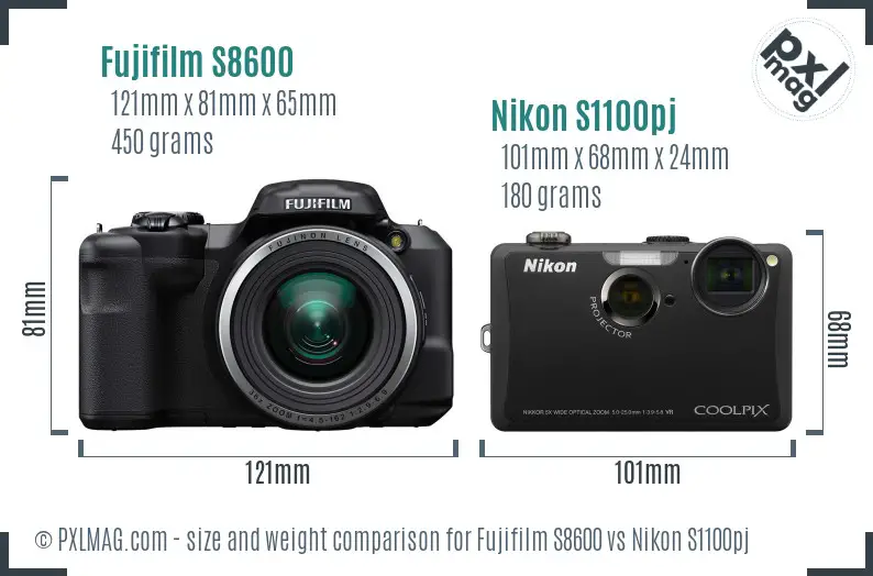 Fujifilm S8600 vs Nikon S1100pj size comparison