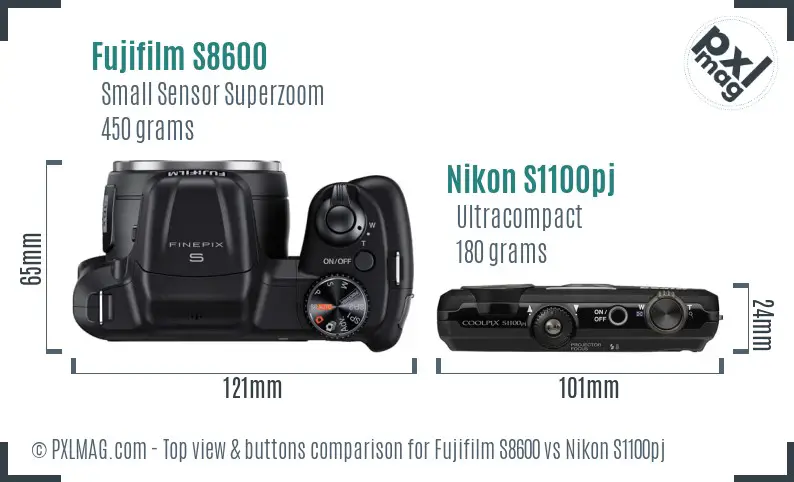 Fujifilm S8600 vs Nikon S1100pj top view buttons comparison