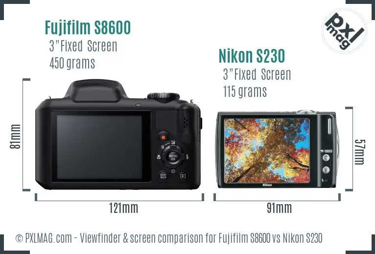 Fujifilm S8600 vs Nikon S230 Screen and Viewfinder comparison
