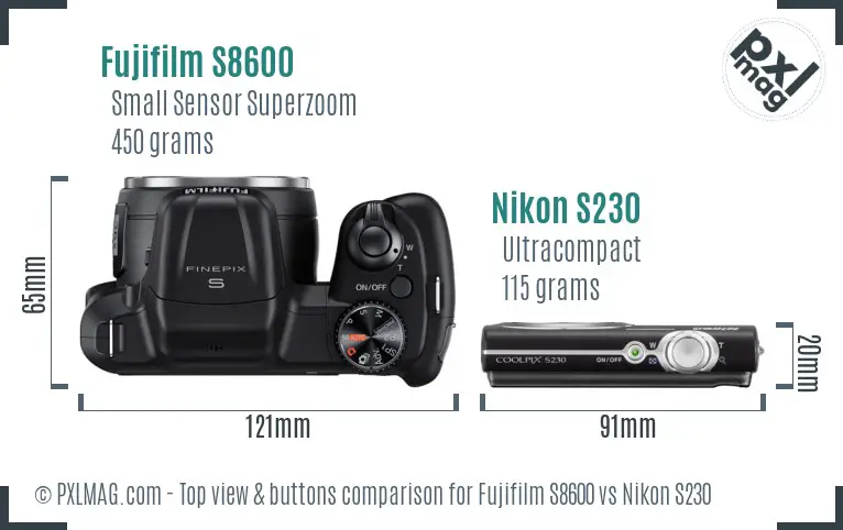 Fujifilm S8600 vs Nikon S230 top view buttons comparison
