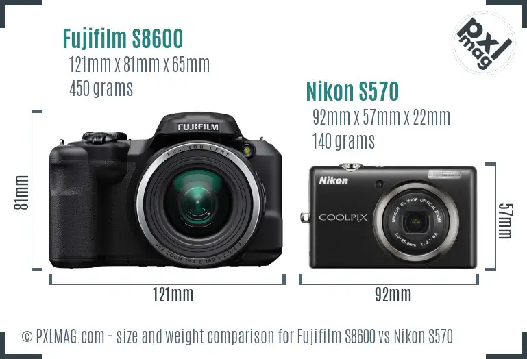 Fujifilm S8600 vs Nikon S570 size comparison