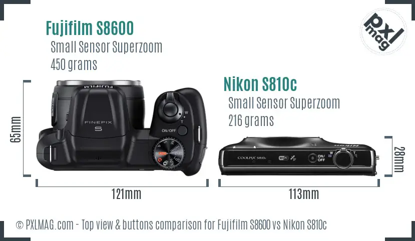 Fujifilm S8600 vs Nikon S810c top view buttons comparison