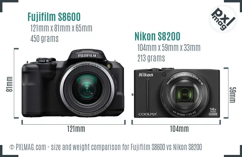 Fujifilm S8600 vs Nikon S8200 size comparison