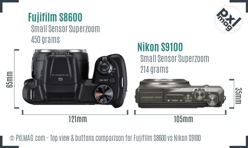 Fujifilm S8600 vs Nikon S9100 top view buttons comparison