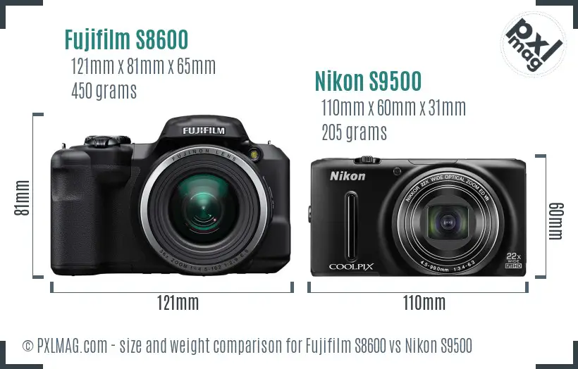 Fujifilm S8600 vs Nikon S9500 size comparison Fujifilm S8600 vs Nikon S9500 size comparison