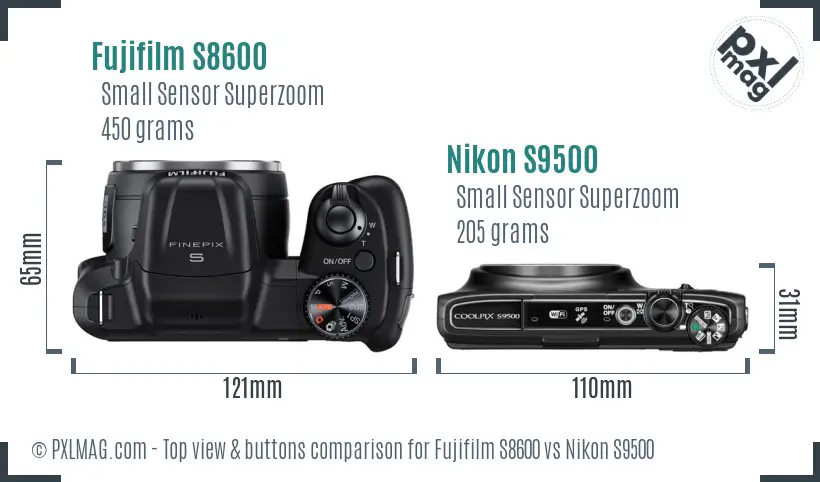 Fujifilm S8600 vs Nikon S9500 top view buttons comparison Fujifilm S8600 vs Nikon S9500 top view buttons comparison