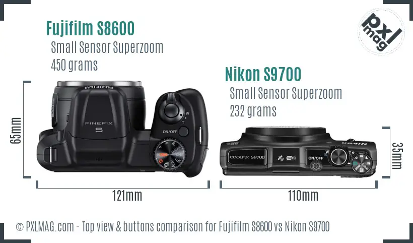 Fujifilm S8600 vs Nikon S9700 top view buttons comparison Fujifilm S8600 vs Nikon S9700 top view buttons comparison