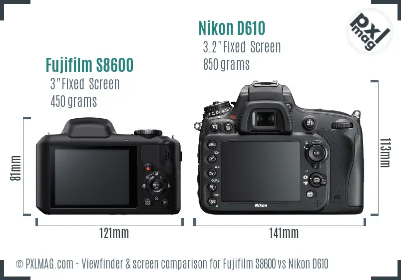 Fujifilm S8600 vs Nikon D610 Screen and Viewfinder comparison