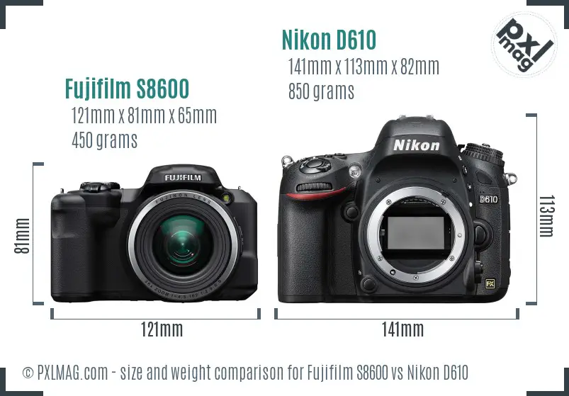 Fujifilm S8600 vs Nikon D610 size comparison