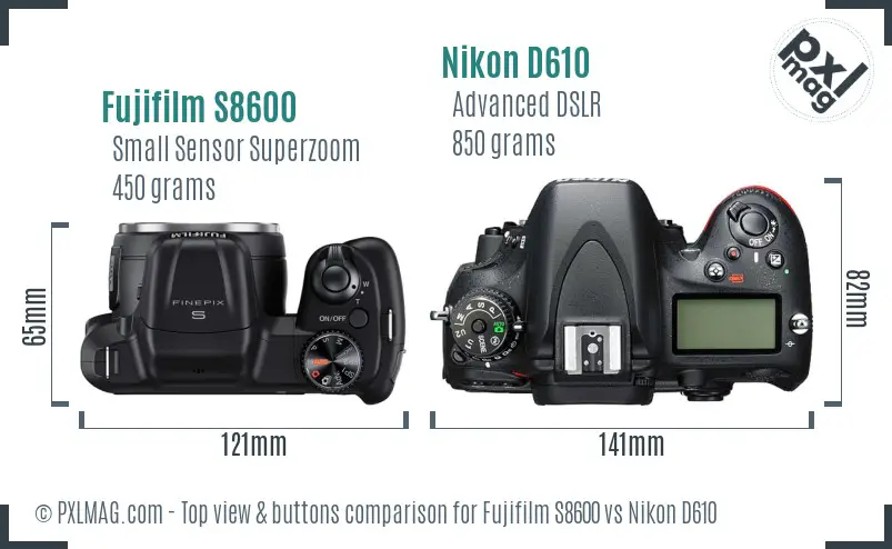 Fujifilm S8600 vs Nikon D610 top view buttons comparison