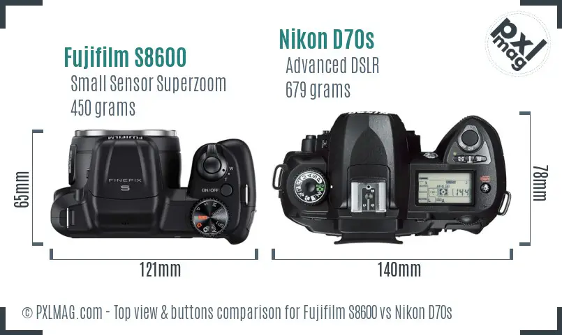 Fujifilm S8600 vs Nikon D70s top view buttons comparison