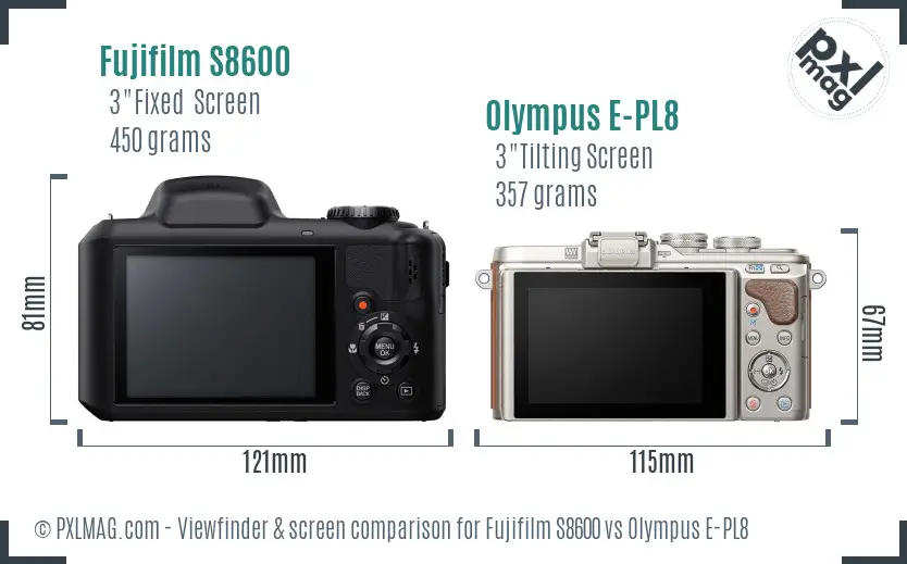 Fujifilm S8600 vs Olympus E-PL8 Screen and Viewfinder comparison