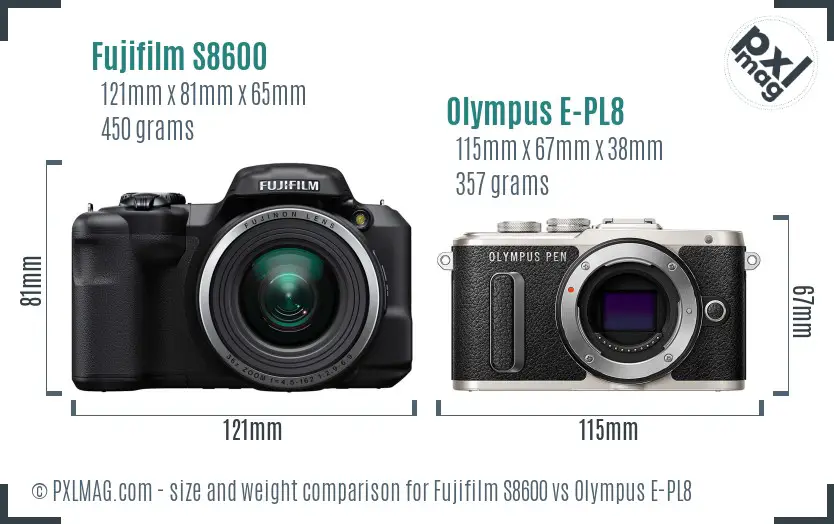 Fujifilm S8600 vs Olympus E-PL8 size comparison