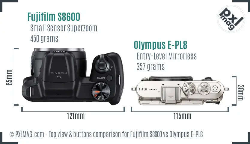 Fujifilm S8600 vs Olympus E-PL8 top view buttons comparison