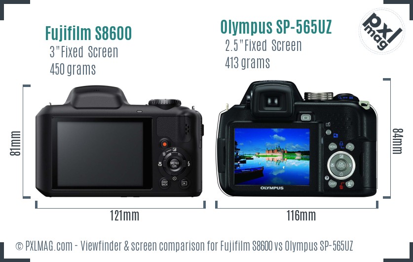 Fujifilm S8600 vs Olympus SP-565UZ Screen and Viewfinder comparison