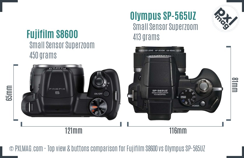 Fujifilm S8600 vs Olympus SP-565UZ top view buttons comparison