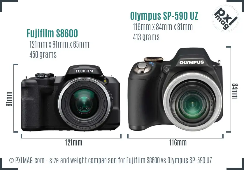 Fujifilm S8600 vs Olympus SP-590 UZ size comparison