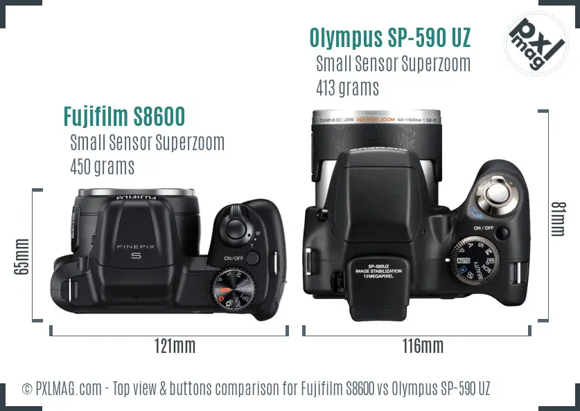 Fujifilm S8600 vs Olympus SP-590 UZ top view buttons comparison