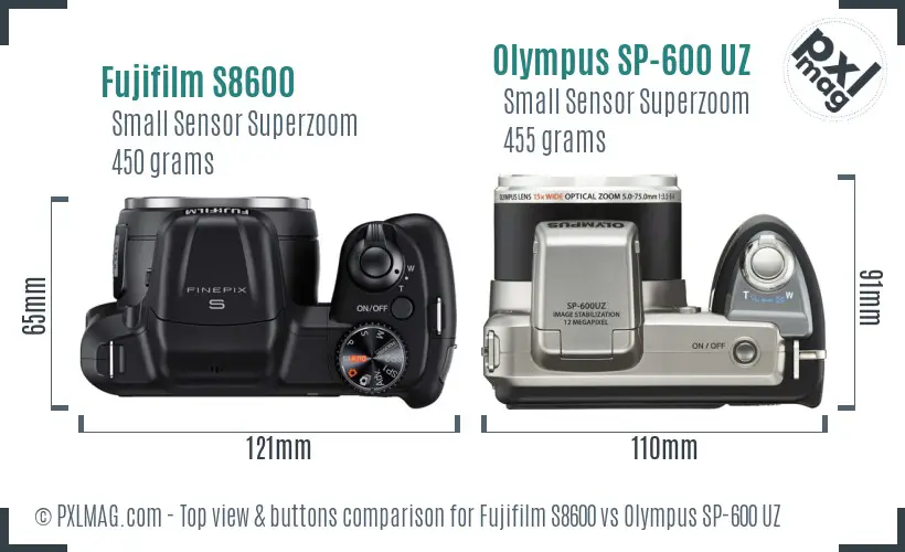 Fujifilm S8600 vs Olympus SP-600 UZ top view buttons comparison