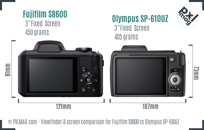 Fujifilm S8600 vs Olympus SP-610UZ Screen and Viewfinder comparison