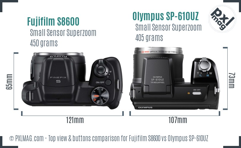 Fujifilm S8600 vs Olympus SP-610UZ top view buttons comparison