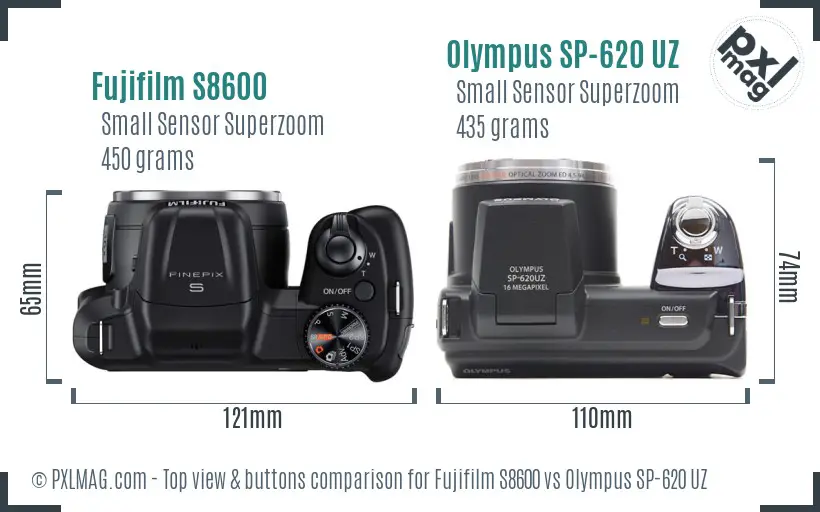 Fujifilm S8600 vs Olympus SP-620 UZ top view buttons comparison