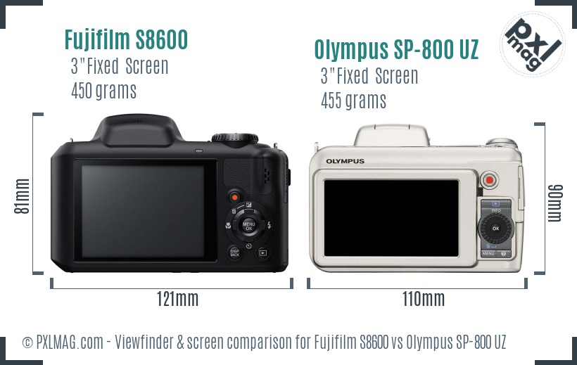 Fujifilm S8600 vs Olympus SP-800 UZ Screen and Viewfinder comparison
