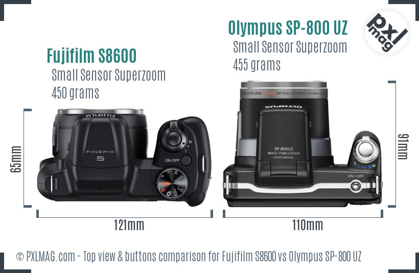 Fujifilm S8600 vs Olympus SP-800 UZ top view buttons comparison