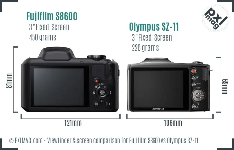 Fujifilm S8600 vs Olympus SZ-11 Screen and Viewfinder comparison