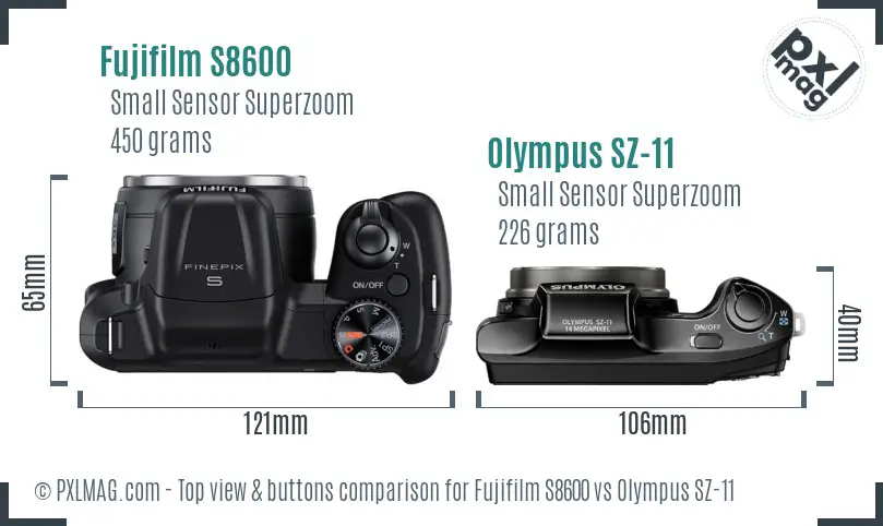 Fujifilm S8600 vs Olympus SZ-11 top view buttons comparison